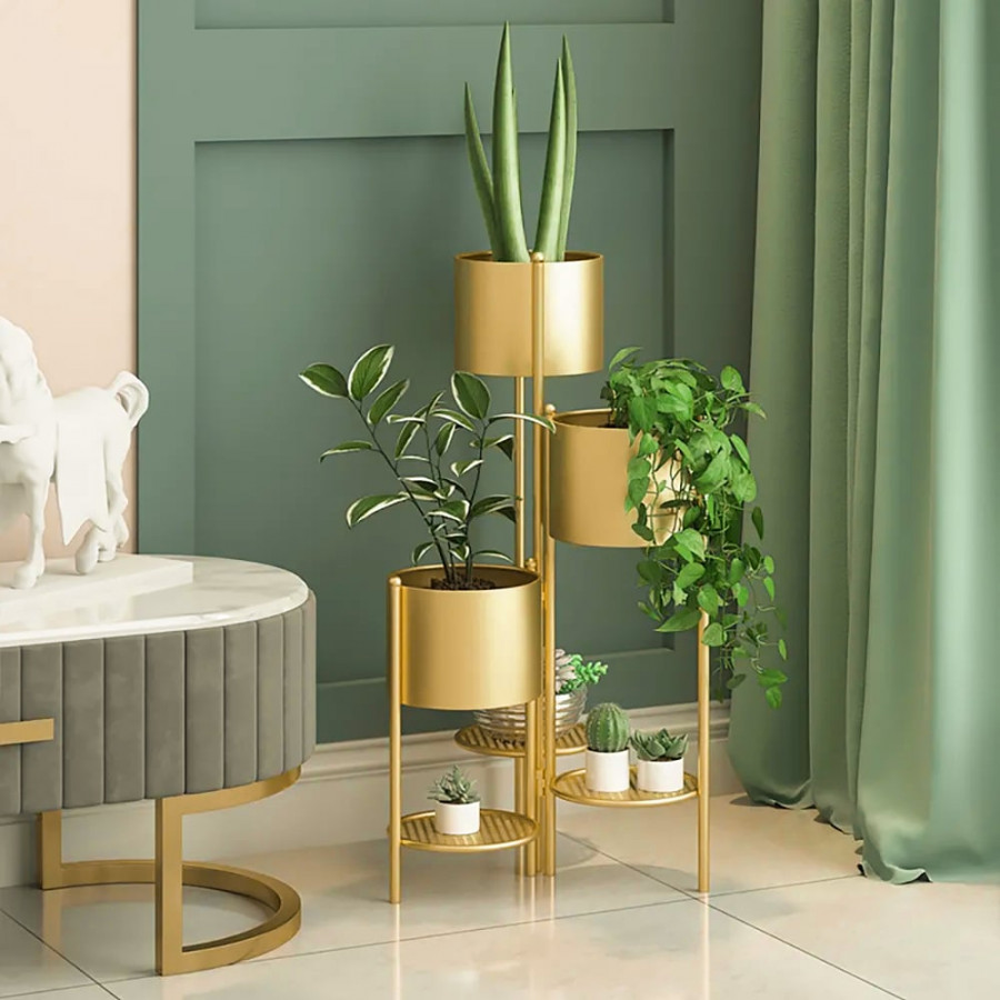 HMR - 31.4" Tall Metal Indoor Modern 3 Tier Corner Planter in Gold