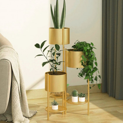 HMR - 31.4" Tall Metal Indoor Modern 3 Tier Corner Planter in Gold
