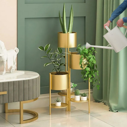 HMR - 31.4" Tall Metal Indoor Modern 3 Tier Corner Planter in Gold