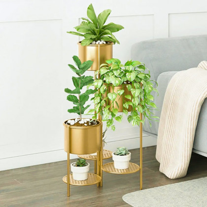 HMR - 31.4" Tall Metal Indoor Modern 3 Tier Corner Planter in Gold