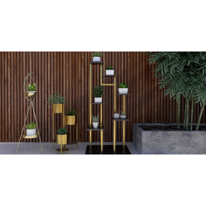 HMR - 31.4" Tall Metal Indoor Modern 3 Tier Corner Planter in Gold