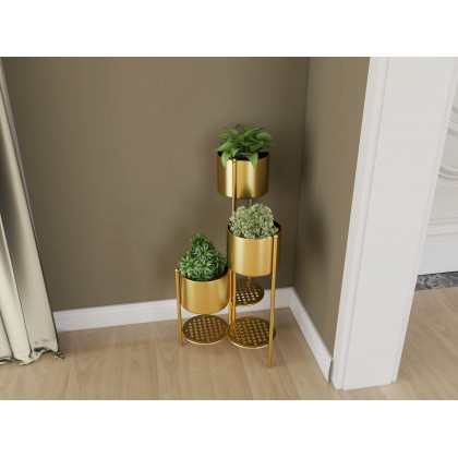 HMR - 31.4" Tall Metal Indoor Modern 3 Tier Corner Planter in Gold