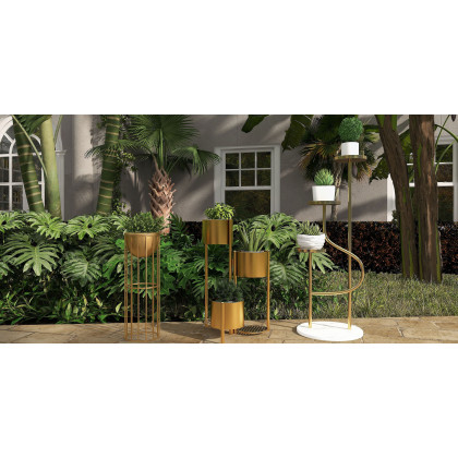 HMR - 31.4" Tall Metal Indoor Modern 3 Tier Corner Planter in Gold