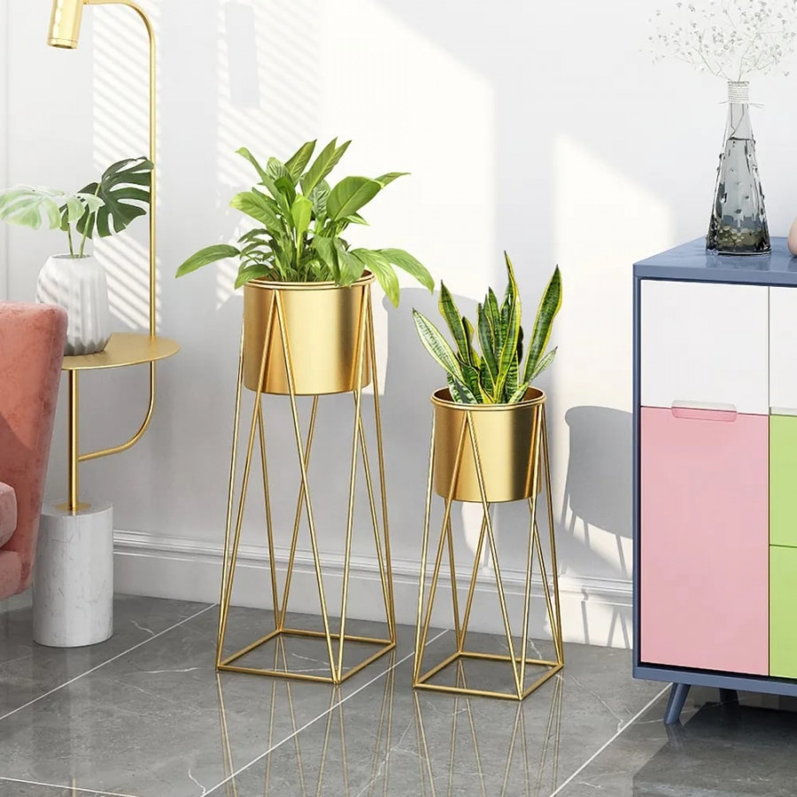 HMR - Modern Planter with Gold Stand (Set of 2) in Gold