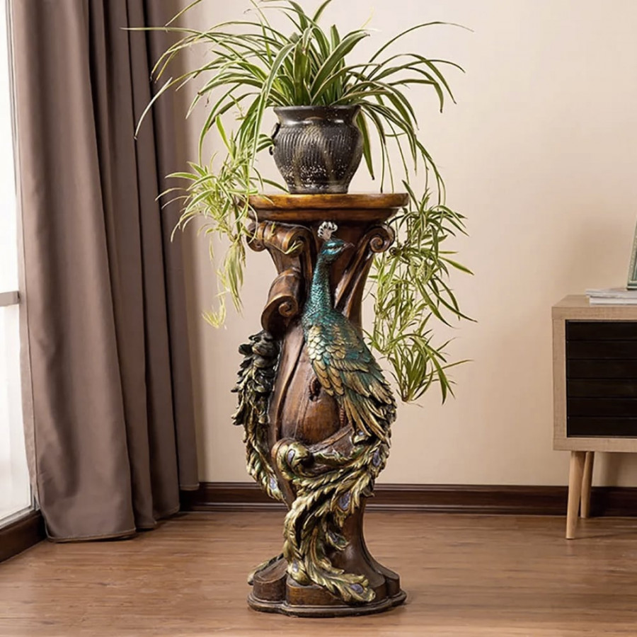 HMR - 32.5" Vintage Peacock Indoor Freestanding Planter in Multi-Colored