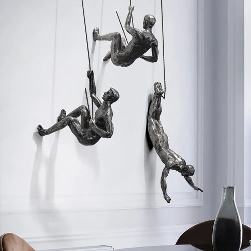 HMR Industrial 3-Pieces Climbing Man Resin Wall Decor for Living Room & Entryway - Silver