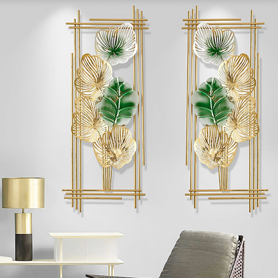 HMR - 2 Pieces Metal Leaf Framed Wall Decor in Gold and Green