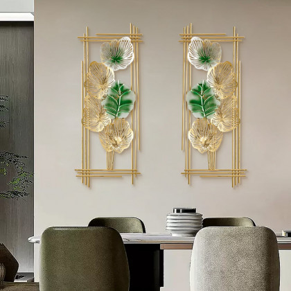 HMR - 2 Pieces Metal Leaf Framed Wall Decor in Gold and Green