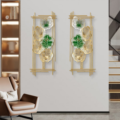 HMR - 2 Pieces Metal Leaf Framed Wall Decor in Gold and Green