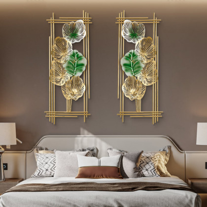 HMR - 2 Pieces Metal Leaf Framed Wall Decor in Gold and Green