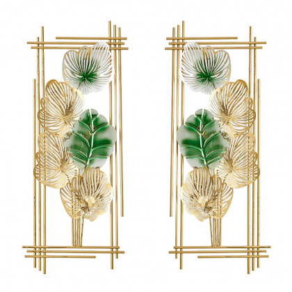 HMR - 2 Pieces Metal Leaf Framed Wall Decor in Gold and Green