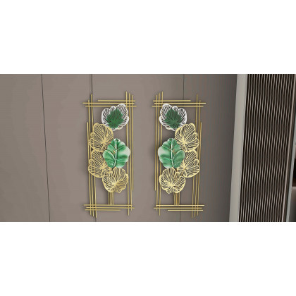 HMR - 2 Pieces Metal Leaf Framed Wall Decor in Gold and Green