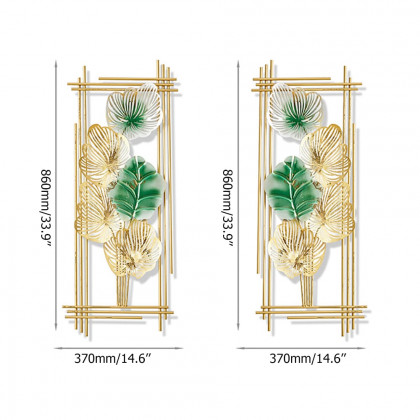 HMR - 2 Pieces Metal Leaf Framed Wall Decor in Gold and Green