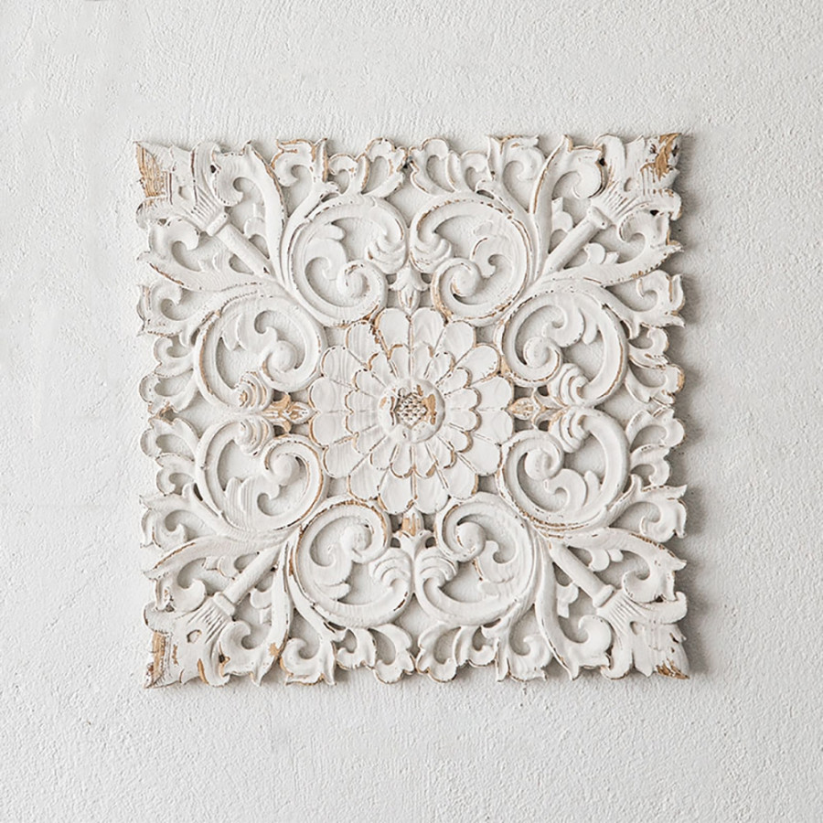 HMR - Square Wood Wall Distressed Carved Flower in White