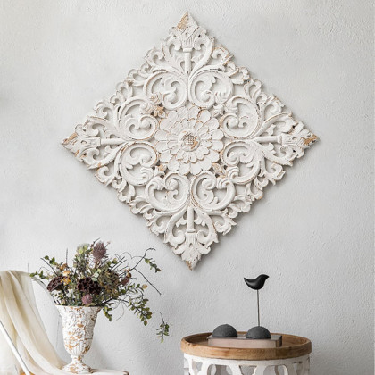 HMR - Square Wood Wall Distressed Carved Flower in White