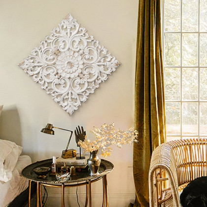 HMR - Square Wood Wall Distressed Carved Flower in White