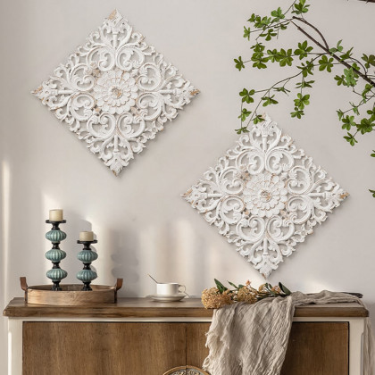 HMR - Square Wood Wall Distressed Carved Flower in White