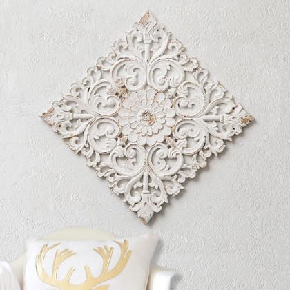 HMR - Square Wood Wall Distressed Carved Flower in White