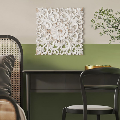 HMR - Square Wood Wall Distressed Carved Flower in White