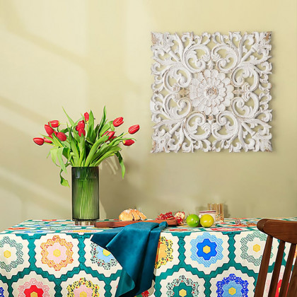 HMR - Square Wood Wall Distressed Carved Flower in White