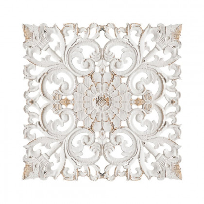 HMR - Square Wood Wall Distressed Carved Flower in White