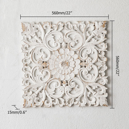 HMR - Square Wood Wall Distressed Carved Flower in White