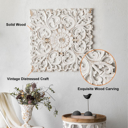 HMR - Square Wood Wall Distressed Carved Flower in White