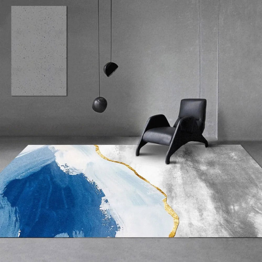 HMR - Abstract Rectangle Blue and Gold Rug in Print 1, 5.9" x 8.2"