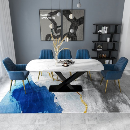 HMR - Abstract Rectangle Blue and Gold Rug in Print 1, 5.9" x 8.2"