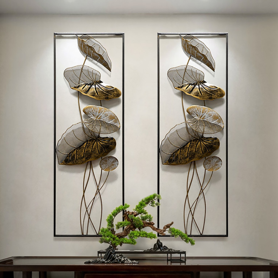 HMR - 2 Pieces Metal Lotus Leaves Wall Decor with Rectangle Frame in Black