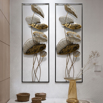 HMR - 2 Pieces Metal Lotus Leaves Wall Decor with Rectangle Frame in Black