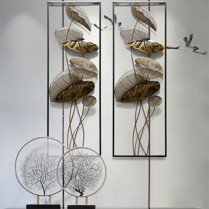 HMR - 2 Pieces Metal Lotus Leaves Wall Decor with Rectangle Frame in Black