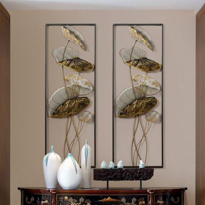 HMR - 2 Pieces Metal Lotus Leaves Wall Decor with Rectangle Frame in Black