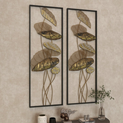 HMR - 2 Pieces Metal Lotus Leaves Wall Decor with Rectangle Frame in Black