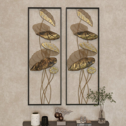 HMR - 2 Pieces Metal Lotus Leaves Wall Decor with Rectangle Frame in Black
