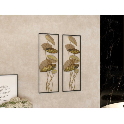 HMR - 2 Pieces Metal Lotus Leaves Wall Decor with Rectangle Frame in Black