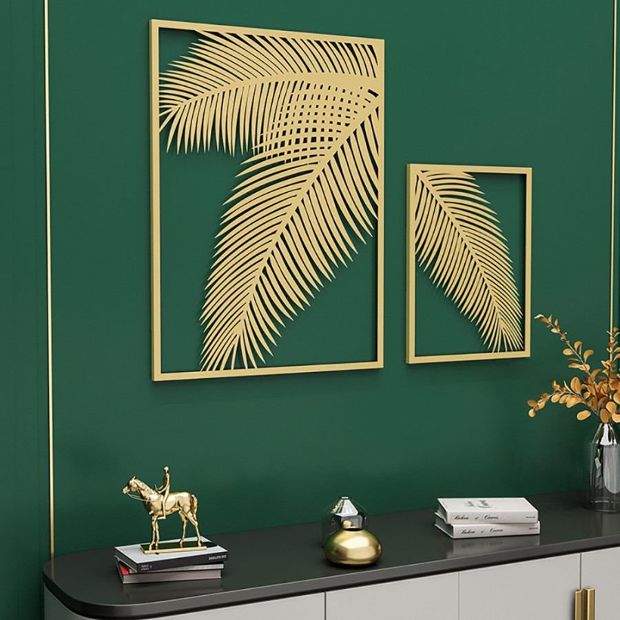 HMR - 2 Pieces Metal Wall Decor Rectangular Palm Leaf in Gold