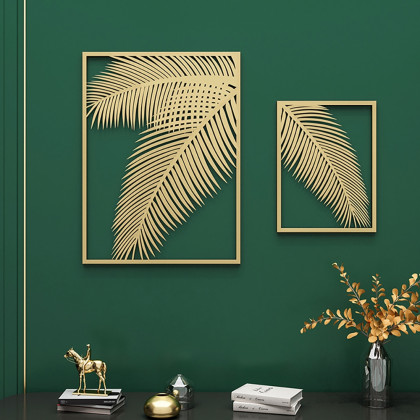 HMR - 2 Pieces Metal Wall Decor Rectangular Palm Leaf in Gold