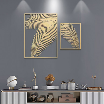 HMR - 2 Pieces Metal Wall Decor Rectangular Palm Leaf in Gold