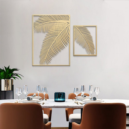 HMR - 2 Pieces Metal Wall Decor Rectangular Palm Leaf in Gold