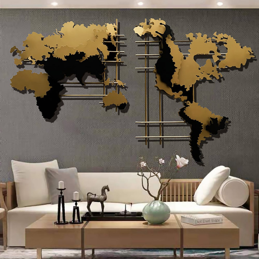 HMR - 3D Metal World Map Home Decor Art in Black and Yellow