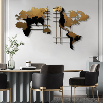 HMR - 3D Metal World Map Home Decor Art in Black and Yellow