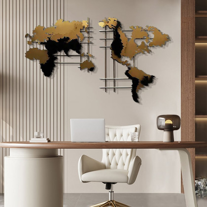 HMR - 3D Metal World Map Home Decor Art in Black and Yellow