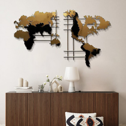 HMR - 3D Metal World Map Home Decor Art in Black and Yellow