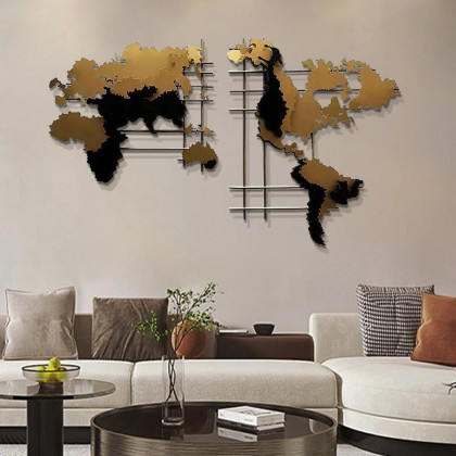 HMR - 3D Metal World Map Home Decor Art in Black and Yellow