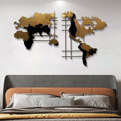 HMR - 3D Metal World Map Home Decor Art in Black and Yellow