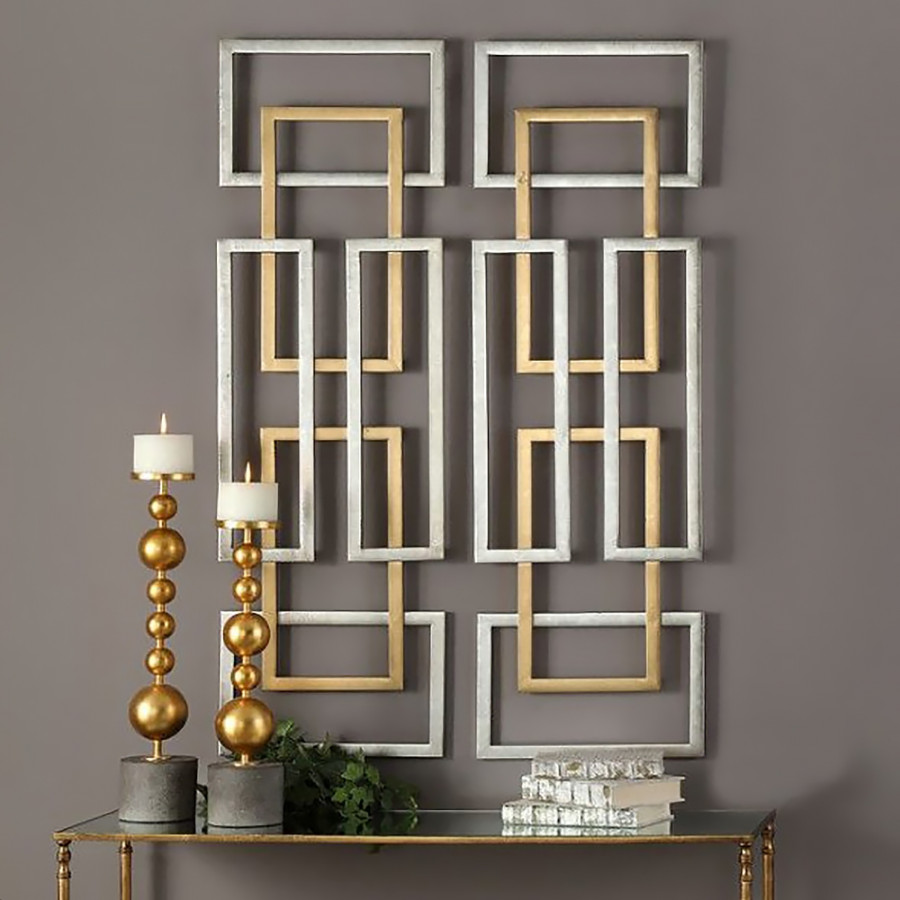 HMR - 2 Pieces Geometric Rectangle Metal Wall Decor in Gold and Silver