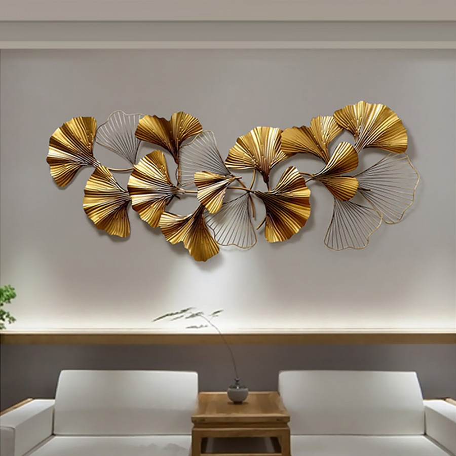 HMR - 3D Ginkgo Leaves Metal in 52"H x 23.6"W, Gold