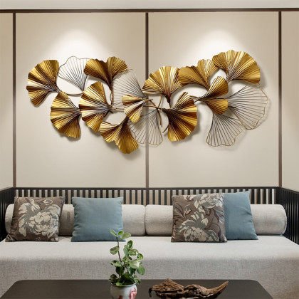 HMR - 3D Ginkgo Leaves Metal in 52"H x 23.6"W, Gold
