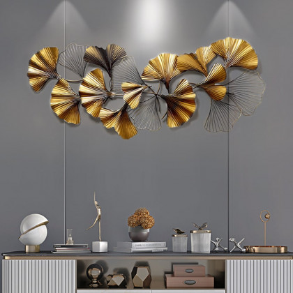 HMR - 3D Ginkgo Leaves Metal in 52"H x 23.6"W, Gold